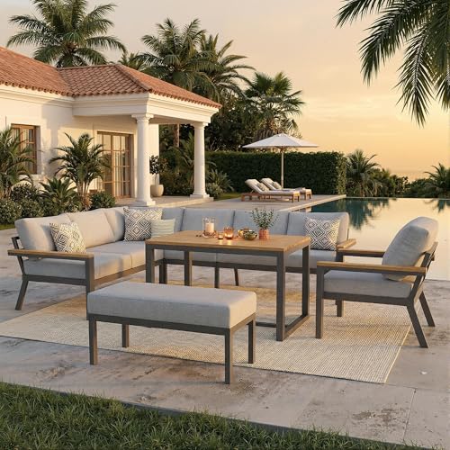 Tuinmeubelset voor 8 personen, L-vormige tuinbank, outdoor, hoekgarnituur met houten tafel, weerbestendige loungeset incl. fauteuil, bank & grijze bekleding, terras, balkon, tuin (grijs, 8 personen)