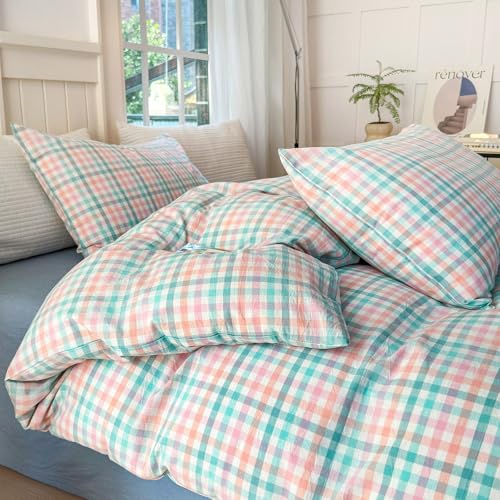 Image of LifeTB Queen Comforter Set Multi-Colored Gingham Comforter Modern Style Checkered Pattern Comforter Set Colorful Grid Plaid Bedding Comforter Fluffy Soft Lightweight Grid Bedding Set Breathable