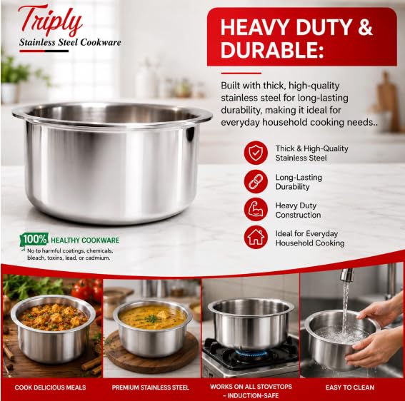 Image of Triply Stainless Steel Tope, Induction and Gas Stove Compatible, Heavy Duty Cookware Patila (26 cm)
