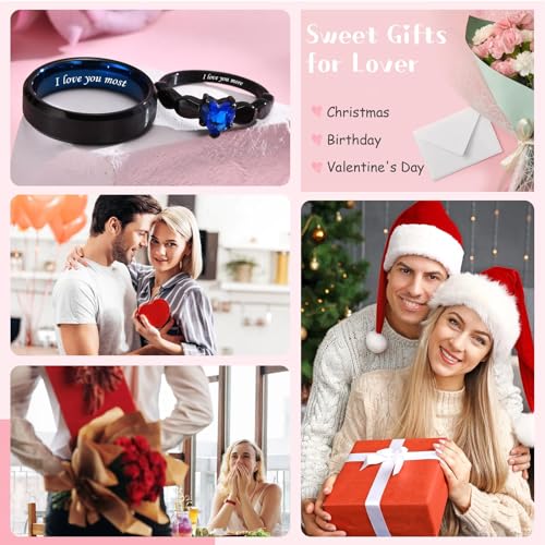 Hisatan Promise Rings for Couples, Promise Rings for Her or Him, Matching Couple Rings, Couple Rings Set, Stainless Steel Blue Zirconia Rings for Women & Tungsten Rings for Men