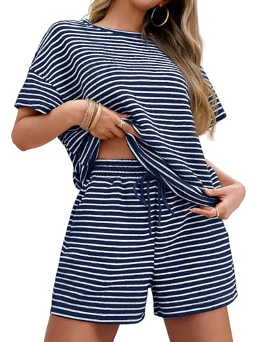 Image of Tankaneo Womens Pajama Sets Striped 2 Piece Lounge Sets Short Sleeve Oversized T Shirts Drawstring Shorts Matching Set