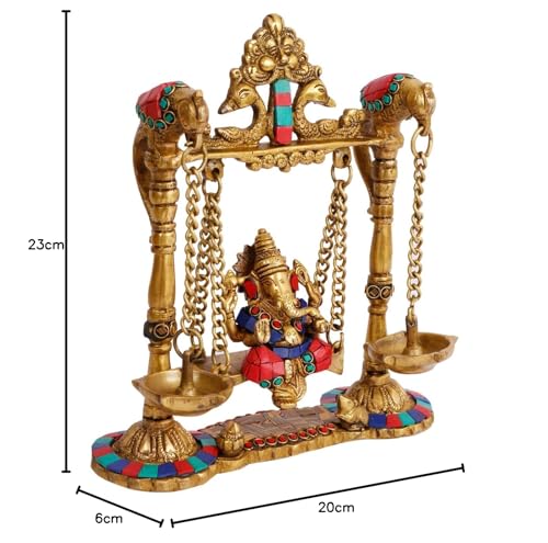 Kartique Brass Ganesh Bhagwan Jhula with Two Diyas Ganesha Idol Swing Ganpati Bappa Jhoola Murti for Home House Warming Mandir Office Decor Couple Gift Multicolored Stone Work - Image 7 thumbnail