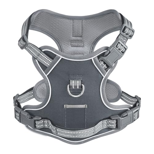 Non Pulling Dog Harness for Medium Dogs, Adjustable Reflective Harness Vest with Handle, for Working Training Hiking Walking, Escape Proof Gray Pet Vest for M Sized Dog