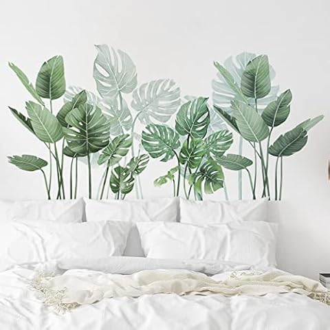 Tropical Plant Wall Decals, Potted Plants Leaf Wall Stickers Vinyl Peel and Stick Wallpaper for Bedroom Bathroom Nursery and Office Cover