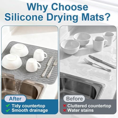 Image of CRIYALE Large Silicone Dish Drying Mat for Kitchen - Non-Slip Built-in Drain Lip | Hygienic Drying Pad Sturdy Compact Easy to Clean Tray Protects Surfaces Prevents Water Build Up 23 x 17 Inches (Grey)