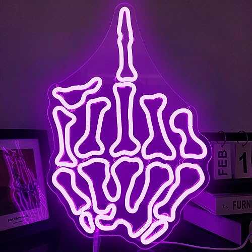 JanHune Skull Gesture Neon Signs for Wall Finger Neon Light Up Signs Dimmable LED Signs for Bedroom Man Cave Bar Pub Home Party Neon Wall Signs Decor Skull Christmas Gift Purple by JanHune - Used condition - US$21.35