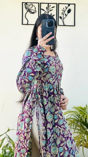 Image of Women's Cotton Nayra Cut Kurti for Women | Full Sleeves Printed Long Kurta | Stylish Flared Ethnic Wear Kurti, Casual & Festive Occasion