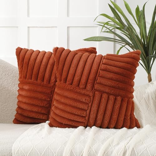 All Smiles Cushion Covers 45x45 cm Set of 2 Decorative Pillow Covers Faux Fur Soft Plush Striped Neutral Pillow case 18X18 Inch for Sofa Bed Living Room Home Decor Rust