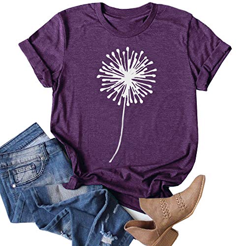 Cicy Bell Women's Dandelion Print T Shirts Cute Graphic Tees Short Sleeve Summer Cotton Tee Tops Z-Purple #TOP23
