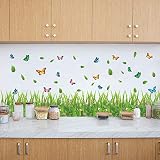 Tanlaby Grünes Gras Wandtattoo Blumen Schmetterlinge Bordüre Wandsticker für Schlafzimmer Büros Sofa Hintergrund Hause Wanddekoration