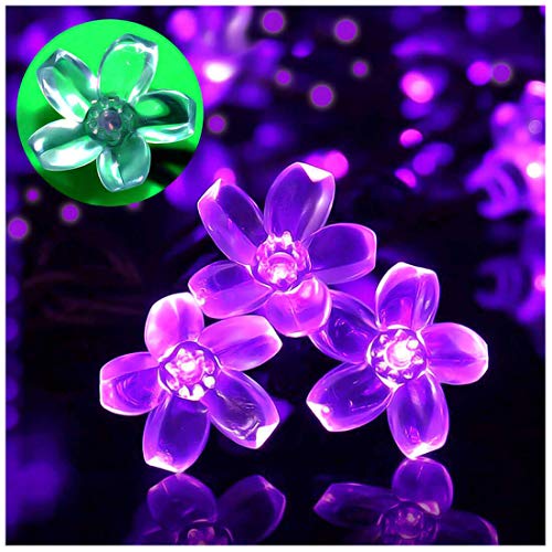 SEMILITS Solar Outdoor String Lights 50LED Flower Shaped Christmas Lights for Patio Garden Decoration Purple