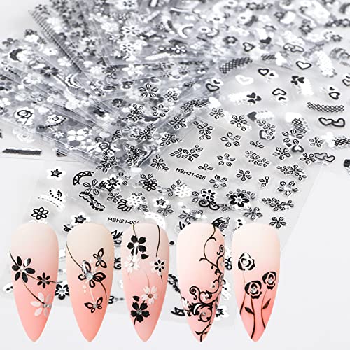 30Sheets Black Flower Nail Art Stickers Decals Lace Streamer Flower Leaf Designs Nail Sticker Nail Art Supplies 3D Self Adhesive Black White Flower Nail Stickers With Rhinestones Nails Decorations For Women #TOP4