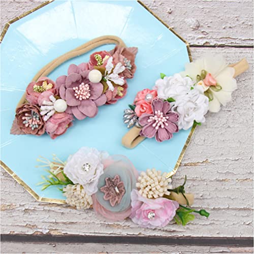 LALAFINA 3 peças de faixas de cabelo elásticas para bebês meninas com flores e coroa floral para cri