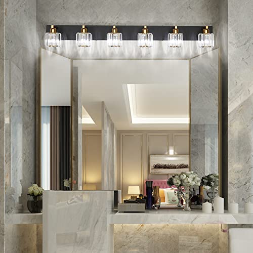Image of Aipsun Bathroom Light Fixtures Crystal Vanity Light Black and Gold 6 Lights Vanity Lighting Fixtures (Exclude Bulb)