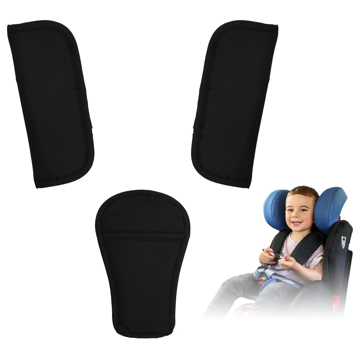 SNOWIE Soft® 3pcs Baby Car Seat Belt Cushions Adjustable V elcro Seat Belt Cushions for Shoulder Straps Chest Cross Strap Universal Seat Belt Cushions for Car Seat, Stroller, Safety Belt