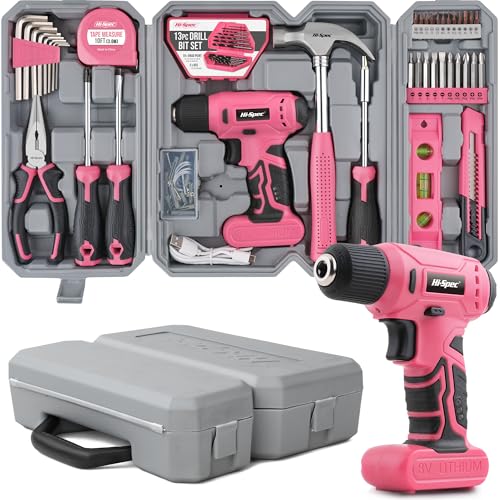 Hi-Spec 58 tlg. Werkzeugkoffer in Pink. Akkuschrauber Werkzeugkasten Werkzeugset : Werkzeugkoffer gefüllt mit 8V Akkubohrer - Werkzeug für Frauen Haushalt Werkstatt DIY