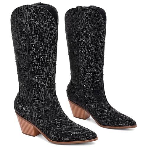 Image of Cowgirl Ankle Boots Cowboy Boots for Women Western Booties Rhinestone Chunky Heel Fashion Comfortable Side Zipper