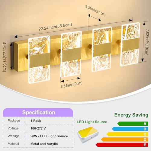 Image of Modern LED Bathroom Light Fixtures Dimmable 4-Light Gold Vanity Light