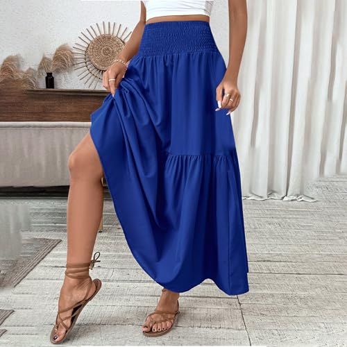Lmdudan 2025 Summer Women's Boho Skirt Elastic High Waist Pleated A-Line Flared Maxi Skirts Womens Flowy Long Skirts3