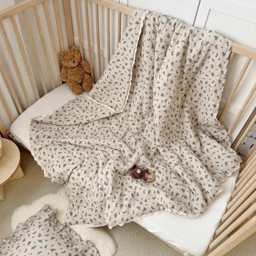 Image of BuLuTu Double-Layer Cotton Muslin Toddler Bed Blanket Lightweight Baby Quilt, Vintage Orchid Flower Print Crib Comforter with Chic Lace Edges, Soft Breathable Kids Blankets, 47x59 Inches