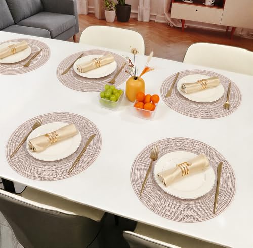 Image of Yellow Weaves 2 Pcs PVC Hollow Woven Design Table Placemat, Dining Table Mat, Anti-Skid, Washable, Dining, Kitchen, Restaurant Table Set Easy to Clean, Durable (Hollow Rose Gold)