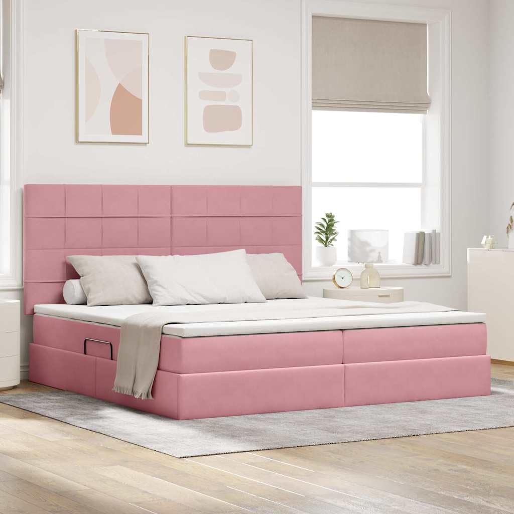 Cama de almacenamiento con colchón de terciopelo rosa de 200 x 200 cm, cama doble de metal con somier de láminas y tiras LED, espacio de almacenamiento y cabecero para dormitorio, cómodo