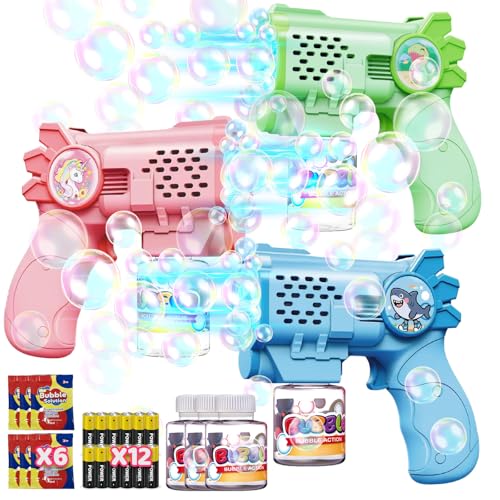 Tecnock Conjunto de 3 pistolas automáticas de bolhas para crianças, 12 pilhas AA incluídas, 3 garrafas de solução e 5 recargas, leves, antiderrapantes, presente de aniversário e detalhes para festas