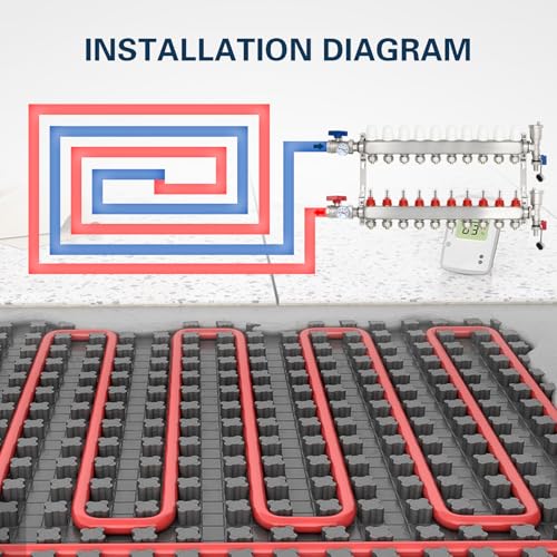 Image of Dollate 10 Loop Radiant Floor Heating Manifold, Stainless Steel, 10 Branch, Adapter, 1 inch NPT