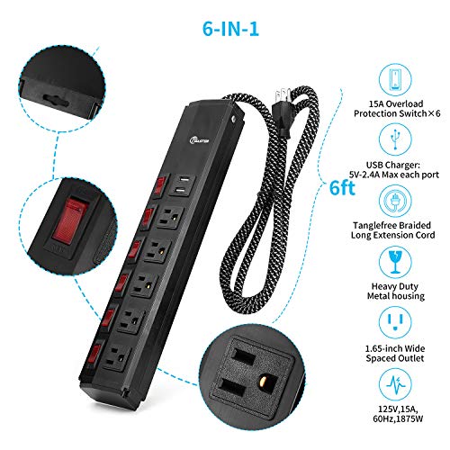 Eco-Friendly Metal Power Strip with USB, Individual Switchs Circuit Breaker, Long 6 feet Extension Cord 3 Prong, 5 Outlet & 2 USB, Wall Mountable Black Electrical Power Strip for Home Office - Thumbnail 3