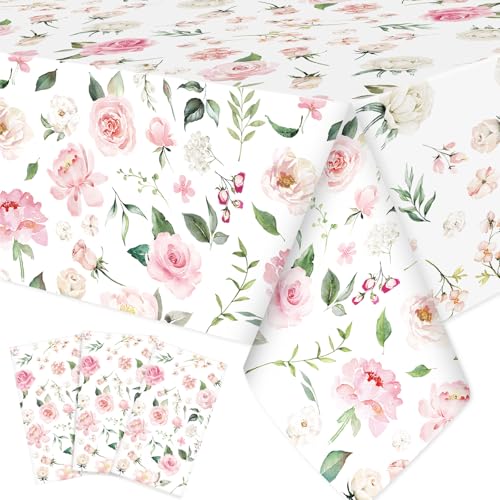 Image of Ganeen 3 Pcs Pink Floral Tablecloth Disposable Plastic Table Covers Wildflower Waterproof Tablecloth for Baby Shower Birthday Wedding Mothers Day Tea Party Supplies and Decor, 54 x 108 Inch