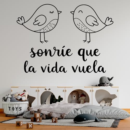 Vinilo para Pared con Frase 'Sonríe que la Vida Vuela', Pegatina Decorativa con Pájaros para Dormitorio Infantil, Guardería o Sala de Juegos (Negro, 28 x 20 cm)