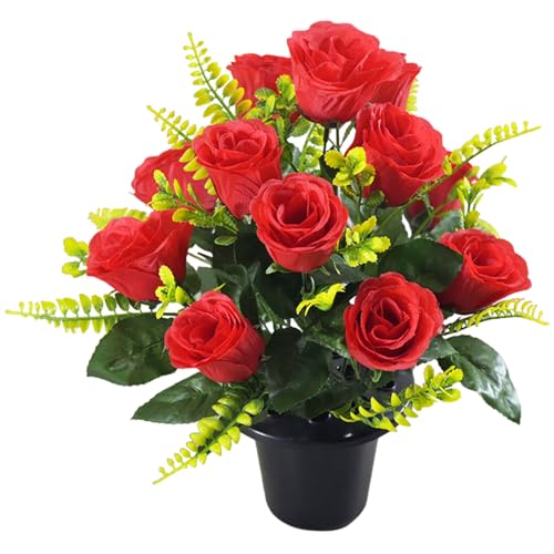 AwnsIMfreien Fiori, Fiori per cimitero, Rose da cimitero in Vaso con capolini in Stoffa di Seta, Rose Artificiali con Bassa Manutenzione per tombe e funerali, Artificiali