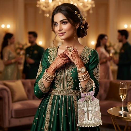 Image of Nevis Silk Fabric Luxury Pearl Embroidered Potli Bag for Women | Bridal Ethnic Drawstring Clutch with Beaded Handle Wedding | Potli Bag