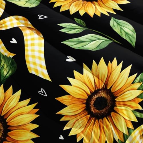 Image of AILONEN Black Sunflower Full Duvet Set 3 Piece, 1 Comforter + 2 Pillowcases, Bright Yellow Petals Olive Foliage Metallic Gold Ribbon Shapes for Modern Floral Guest Room
