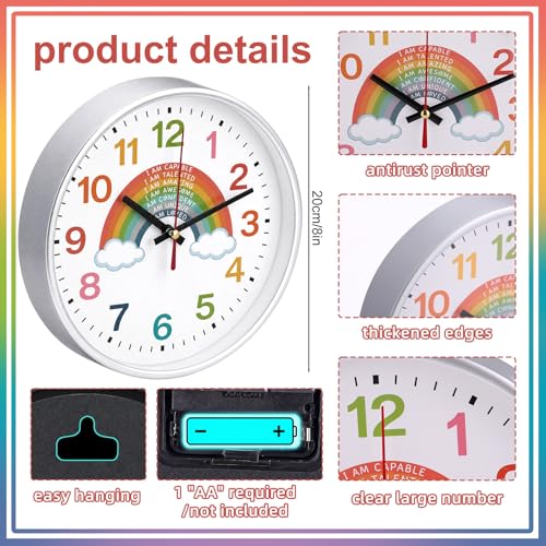Gerrii Boho Rainbow Teaching Clock for Classroom, 8 Inch Silent Non Ticking, Colorful Positive Clock for Playroom Homeschool, Back to School Gift for Teacher, Battery Operated Glass Lens - Image 3