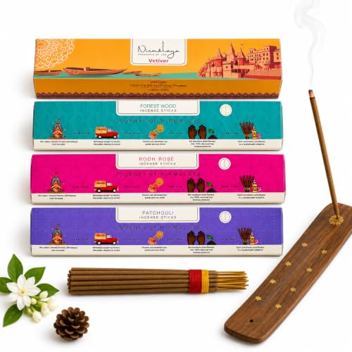Image of Nirmalaya Premium Natural Incense Sticks Variety Pack of 4 | 100% Charcoal-Free | Rooh Rose, Patchouli, Vetiver /Khus, Forest Wood | 40 Sticks Each | Long-Lasting Fragrance for Home & Office Puja
