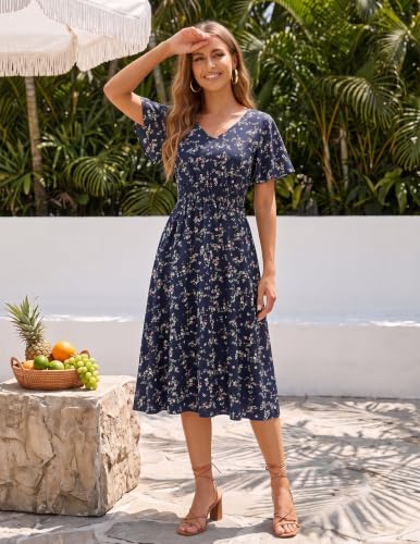 Image of Gardenwed Chiffon Floral Dresses Summer Midi Wedding Guest Dress V Neck for Women Elastic Waist