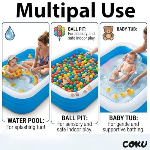 Image of Coku 10 Feet Rectangular Inflatable Swimming Pool for Kids & Adults | 3-Ring Extra Large Family Pool, Thick PVC Foldable Bathtub for Backyard, Garden, Indoor Outdoor Summer Use (Multicolor)