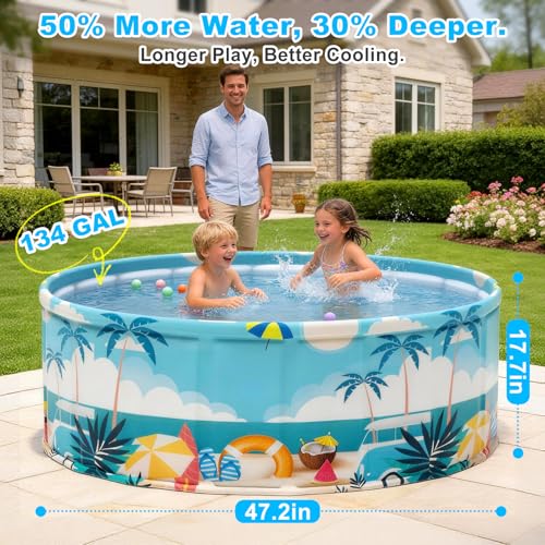 Image of Foldable Swimming Pool for Kids 47.2 inchx17.7 inch Hard Plastic Portable Dog Pool Anti-Slip Collapsible Pets Bathtub Kiddie Pool Indoor Outdoor Backyard (Beach Party 48'')