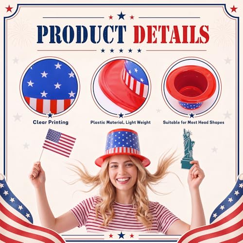 Image of Shyyween American Flag Plastic Hats Patriotic 4th of July USA Party Accessories Red White and Blue Hats for Independence Day