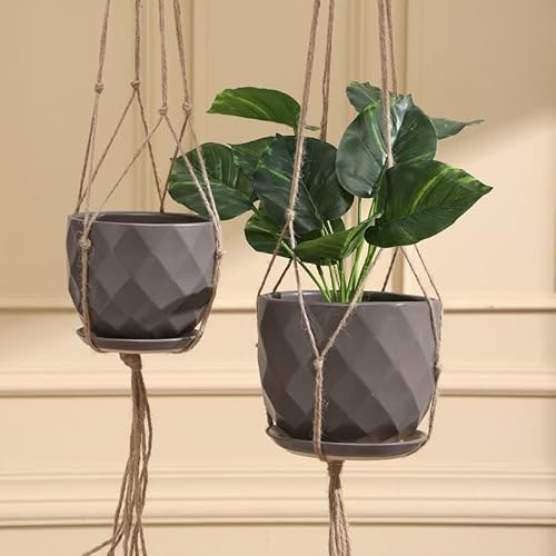 Fengson Grey Ceramic Hanging Planters For Indoor Outdoor Plants,6.7+5.5 Inch Hanging Plant Pots With Saucers,Modern Plant Holder With Jute Rope For Succulents Cactus Herbs Plants, Home Decor,Set Of 2 #TOP2