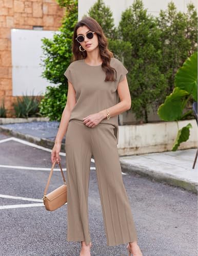 Image of Ekouaer Lounge Sets for Women Two Piece Outfits Knit Cap Sleeve Tops Wide Leg Pleated Pants Casual Dressy Sweater Sets