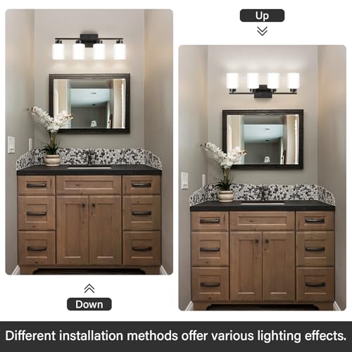 Image of FonmYim Black Bathroom Light Fixtures, 4-Light Modern Vanity Light Over Mirror, Wall Sconces with Milky White Frosted Glass Shades, E26 Socket (Bulbs Not Included)