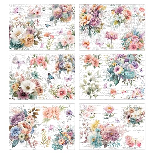 Wxiben Rub on Transfers for Crafts and Furniture - 6 Sheets Vintage Floral Rub on Transfers Stickers Watercolor Flower Butterfly Rub on Decals for Home DIY Wood Craft Scrapbooking Office Decor
