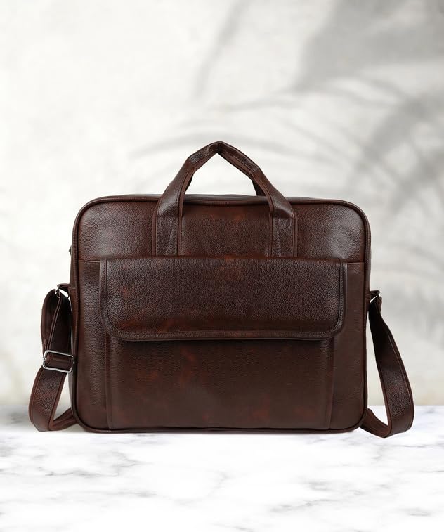 Image of PU Leather Laptop Briefcase Bag for Men, Adjustable Strap, Metal Zipper, Strong Joints