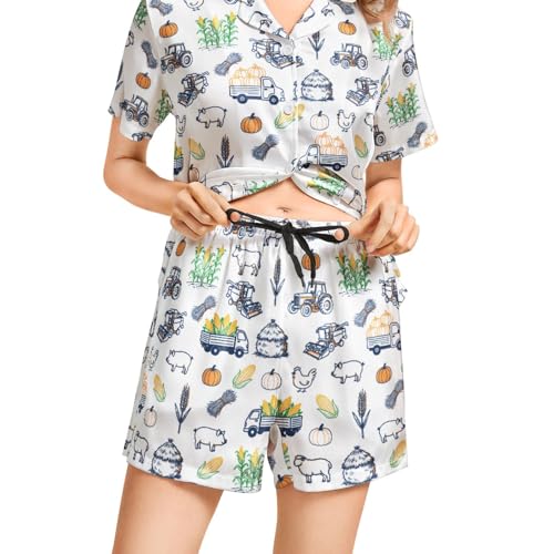 Image of Funny Pajamas for Women Set Print Satin Loungewear Pjs Short Sleeve Button Down Top and Shorts Sets Sleepwear XS-3XL
