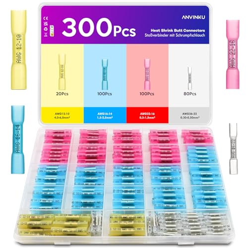 Stoßverbinder, ANVINKU 300 Stück Quetschverbinder mit Schrumpfschlauch Set, 10-26 AWG Kabelverbinder Wasserdicht Set, 4 Arten von Quetschverbinder Wasserdicht, Stossverbinder für KFZ, Boot, Marine