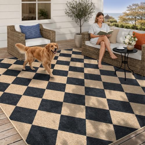Lahome Checkered Easy Jute 5x7 Area Rugs, Washable Outdoor Patio Rug for Living Room Diamond Indoor Outdoor Carpet, Farmhouse Geometric Non Slip Black Carpet for Backyard Dining Room