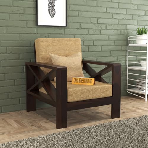 Image of KINGS HOME FURNITURE Sheesham Wooden 1 Seater Sofa for Living Room | Rosewood 1 Seater Cushion Sofa X-Legs | Solid Wood Sofa Set for Lounge (1 Seater,Walnut)