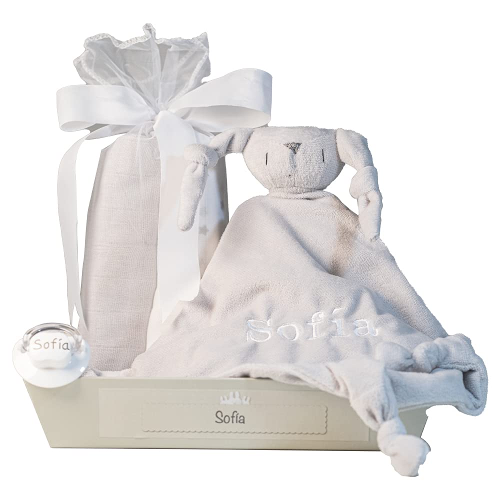 Cadeau de Naissance pour Nouveau-Né - Doudou avec Le Prénom du Bébé Brodé, Tétine Personnalisée avec Prénom de Bébé et 2 Mousselines -Gris | BebeDeParis